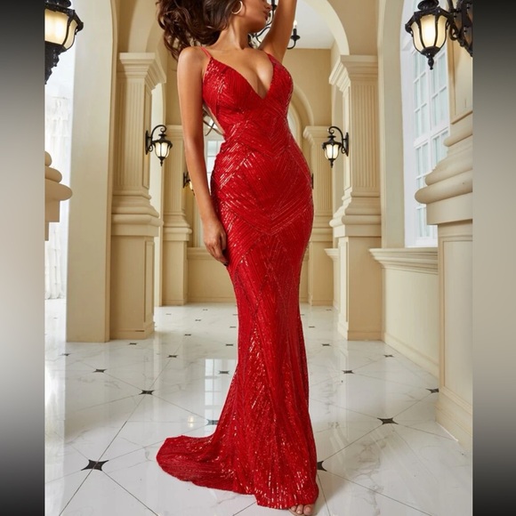 Luxe mermaid hem backless party formal evening sequins gown dress - Picture 6 of 7